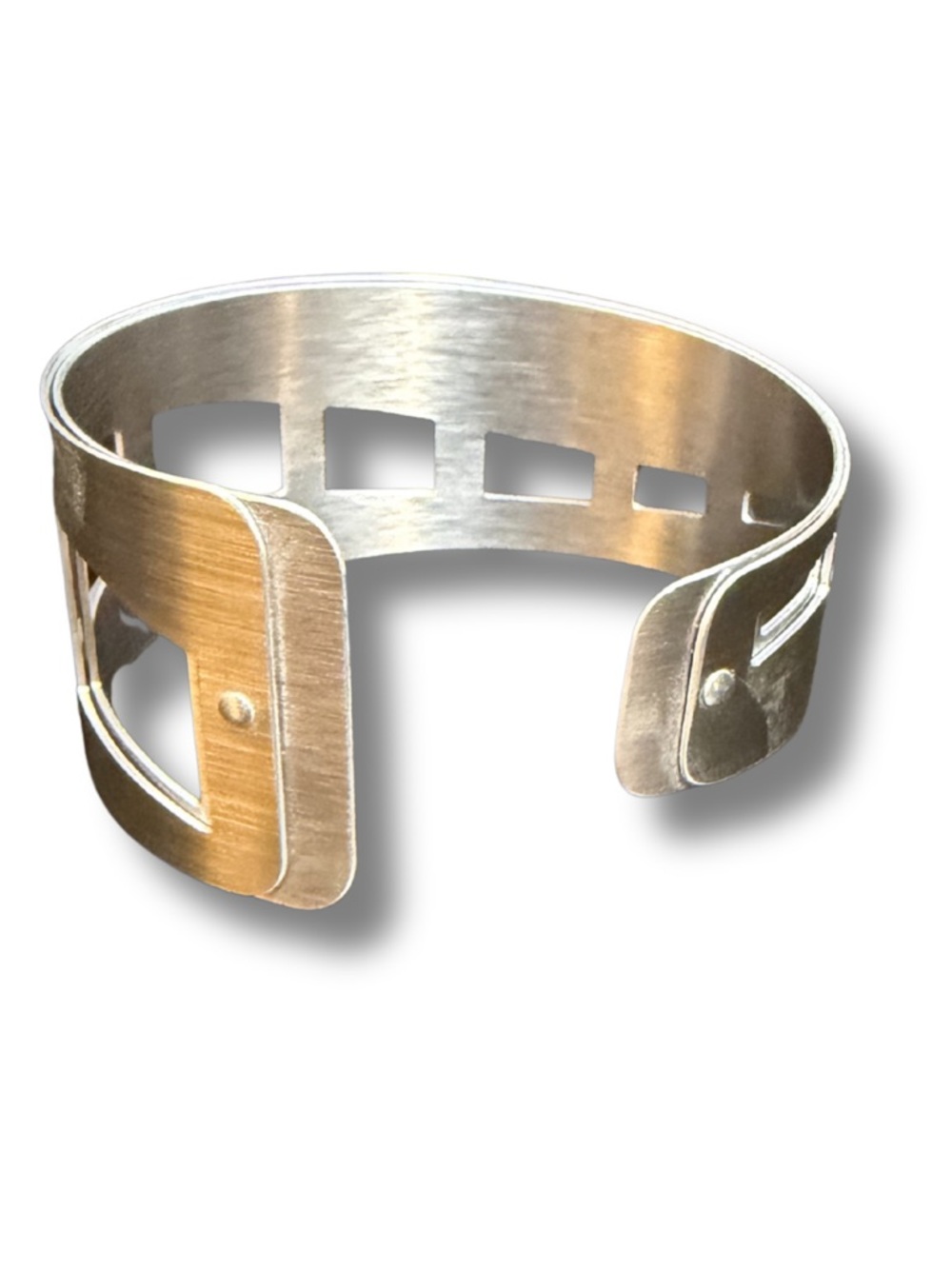 Modernist Brushed Silver Cutout Cuff Bracelet | Geometric Architectural Bangle
